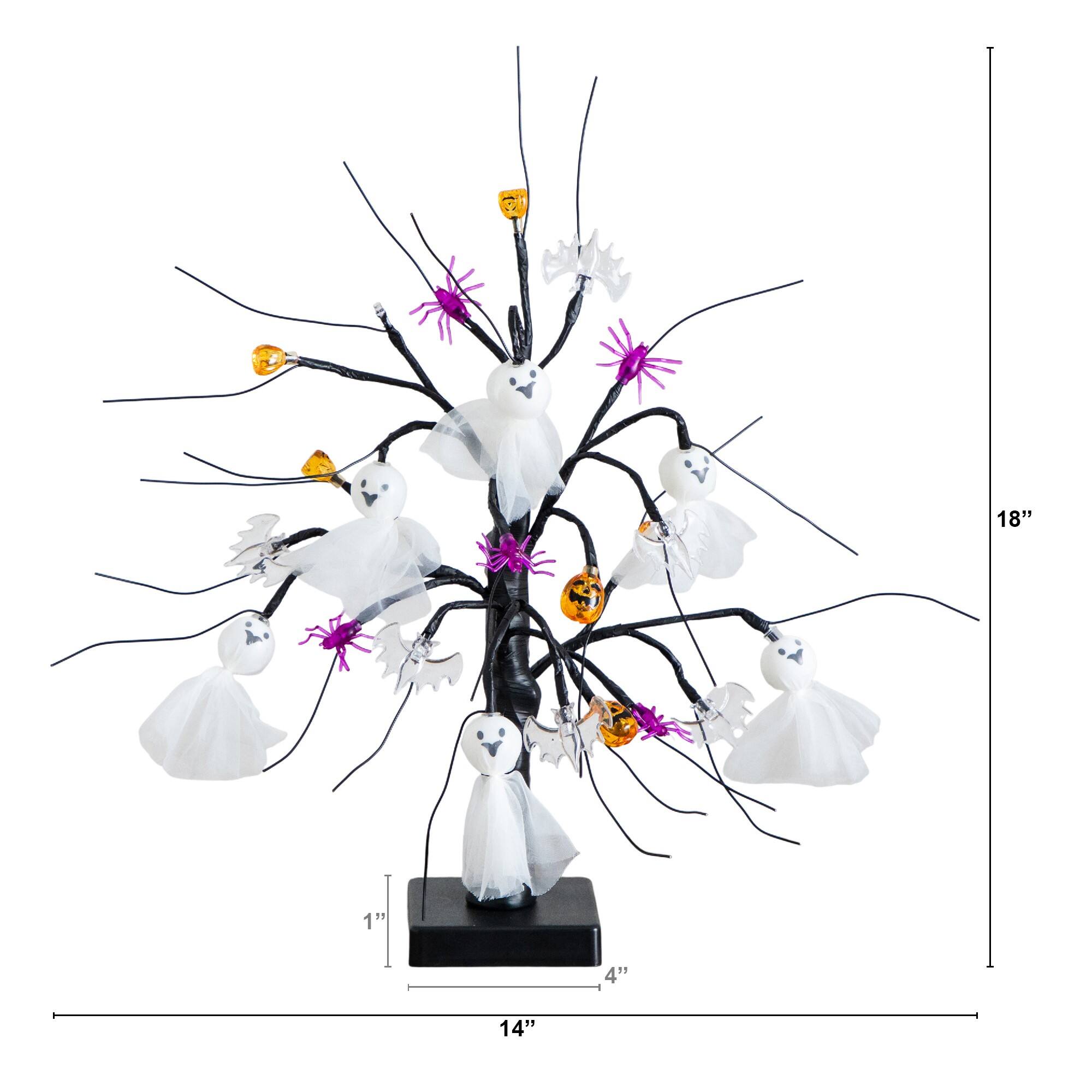 18in. Pre-Lit Artificial Halloween Ghost Dolls, Spiders, Bats & Pumpkins 24 LED Lighted Ornament Tree